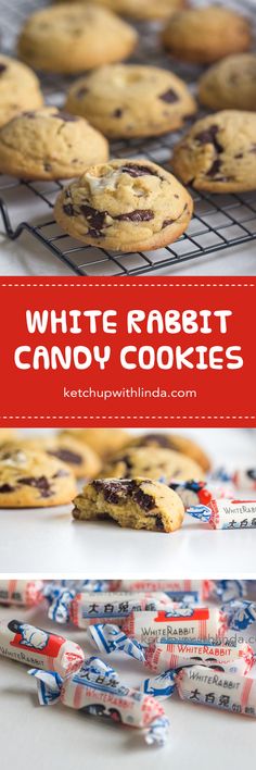 white rabbit chocolate chip cookies on a cooling rack with red and blue candy sticks next to them