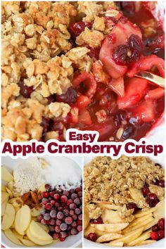 an image of apple cranberry crisp recipe collage with text that reads easy