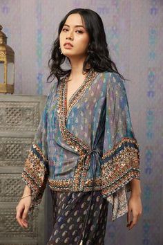 Shop for Soup by Sougat Paul Multi Color Crepe Angrakha Style Top And Palazzo Set for Women Online at Aza Fashions Sougat Paul, Top With Palazzo, Looks Hippie, Estilo Hippie Chic, Angrakha Style, Print And Embroidery, Kaftan Designs, Estilo Hippie, Palazzo Set