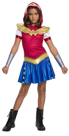 Dress up like Wonder Woman from the hit animated series DC Superhero Girls! Includes 100% Polyester costume hoodie dress with attached 3D collar, belt, and gauntlets. Hood has printed tiara. Child sizes. An officially licensed DC Comics costume from Rubies!