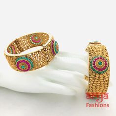 Ruby Emerald Indian Kada / Punjabi Kundan Bracelet Bangles/ Set of 2 Bangles Made in Brass with 22 Karat Gold finish Pair of 2 Bangles Thickness: Approx. 1" Available in size 2.4, 2.6, 2.8 Openable Bangles Ready to ship from VA, USA Kundan Bracelet, Kundan Bangles, Bangles Set, Bangles Making, Ruby Emerald, Bangle Set, Gold Polish, Gold Finish, Bracelet Making