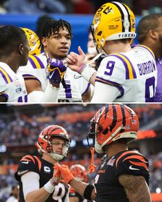 two different pictures of the same football player and one with his hand in his mouth