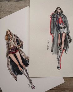 two drawings of women's clothes on white paper, one is wearing a trench coat and the other has a red top