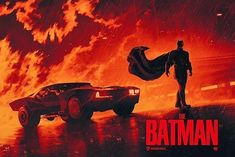 batman and batmobile in the rain with red clouds behind them on a black background