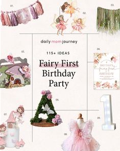 Fairy first birthday party inspiration featuring decor items like garlands, fairy invitations, themed outfit, cake toppers, and light-up number decorations. Fairy First Birthday Party, Whimsical Fairy Garden, First Birthday Ideas, First Birthday Party Ideas, 1st Birthday Signs, Floral Archway, Fairies Dancing, Whimsical Fairy, Fun Birthday Party