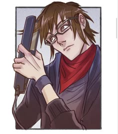 a drawing of a man with glasses holding a cell phone in one hand and wearing a scarf on the other