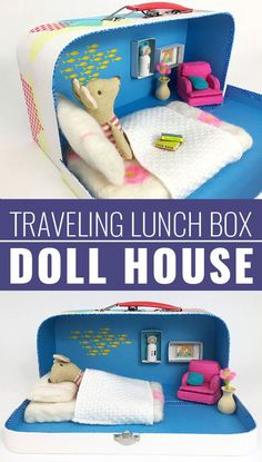 the travel lunch box doll house is open and ready to be used as a bed