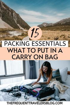 a woman sitting on her bed with luggage and the words packing essentials what to put in a carry on bag