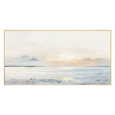 an abstract painting with white and grey colors on the water, including a boat in the distance