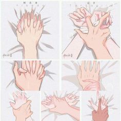 four different stages of reaching for something with their hands in the air and touching each other