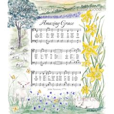 an art print with yellow flowers and sheep in the grass, surrounded by bluebells