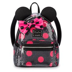 Show off your sparkly spirit with this hot pink polka dot Minnie Mouse mini backpack by Loungefly. Featuring a sequined top layer and a bow set at an angle, this faux leather backpack will tote your essentials in sweet style! Disney Bags Backpacks, Minnie Mouse Backpack, Cute Mini Backpacks, Mini Mochila, Faux Leather Backpack, Loungefly Bag, Disney Bag, Disney Shop, Cute Backpacks