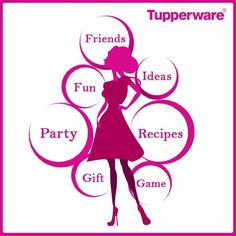 a woman in a pink dress with bubbles around her and the words tupperware fun ideas party gift