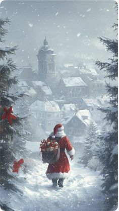 a santa clause carrying gifts through the snow