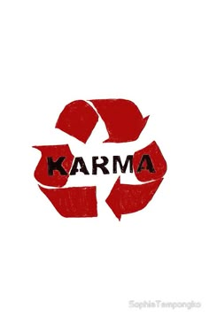 the word karma written in red and black on a white background with an arrow pointing to it