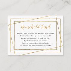 a white and gold business card with the words household fund on it