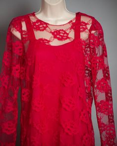 "Vintage women's 80s 90s pretty floral lace dress. Two pieces. Dress hanging straight and then flares at bottom. Mister Jay laying flat: (under) pit to pit - 15.5\" pit to bittom - 39\" (lace over) pit to pit - 19\" back length - 35\" vintage pre-owned, lace over still has sales tags" Red Lace Top For Spring, 90s Pretty, Dress Two Pieces, Two Pieces Dress, Floral Lace Dress, Star Shirt, Star Designs, Favorite Shirts, Dark Pink