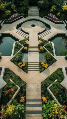 an aerial view of a garden with steps leading up to it