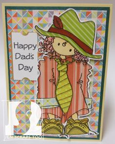 a card with a girl wearing a green hat and boots on it's face