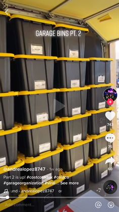 there are many bins on the shelves in this garage storage unit that is yellow and black