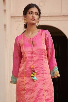 Shop for Rajiramniq Pink Tissue Silk Kurta Set for Women Online at Aza Fashions Chiffon Cami Tops, Silk Kurta Set, Blue Dupatta, Kurta Set For Women, Hot Pink Shorts, Short Kurta, Punjabi Dress, Silk Kurta, Embroidered Dupatta