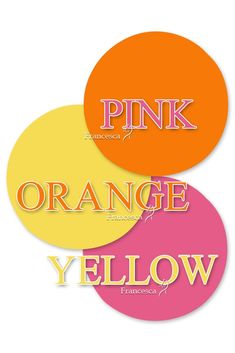 three circles with the words pink, orange and yellow in different font styles on them