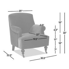 a chair with measurements for the seat and back, as well as an arm rest