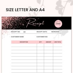 a pink and black receipt form with flowers on the side, in front of a white background