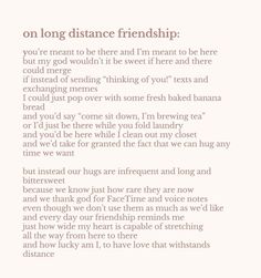 a poem written in white with the words, on long distance friendships and an image of