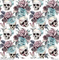 skulls and roses on a white background with blue watercolors in the middle, as well as pink flowers