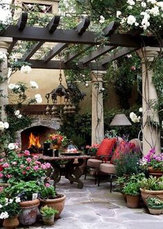 an outdoor living area with potted plants and flowers