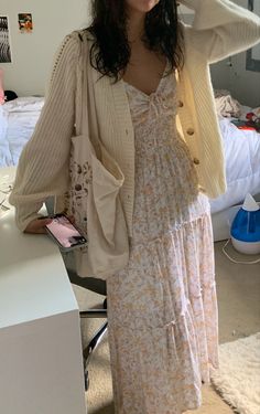 Long Sleeve Church Dress, Cosy Summer Outfit, Modest Church Dress, Long Dress And Sweater Outfit, Cute Modest Church Outfits, How To Wear A Wrap Dress, Styling A Cardigan Outfit Ideas, Modest Fashion Outfits Ideas, Church Outfit Ideas Casual