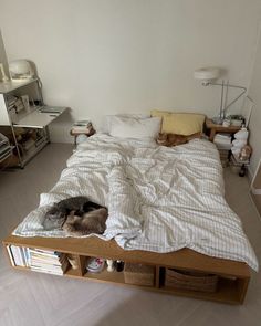 a cat laying on top of a bed in a bedroom next to a book shelf