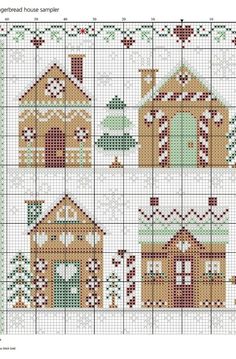 a cross stitch pattern with houses and trees