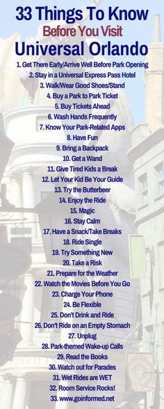 a poster with the words 33 things to know before you visit universal orlando