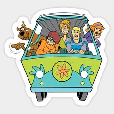 the scooby gang rides in an old school bus with their dog friends sticker