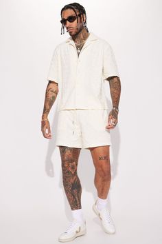 Model Height: 6'4 - Waist Size: 34 - Wearing Large Big & Tall: Height 6'5 - Waist Size: 42 - Wearing XXXL Available In Cream. Elastic Waistband Side Hand Pockets Disclaimer: Pattern Placement May Vary. 76% Cotton 24% Polyester Imported | Mens Ride The Tide Shorts in Cream size Large by Fashion Nova Fitted Leisure Shorts For Summer, Fitted Summer Leisure Shorts, Cream Fashion, Tall Height, Mens Fleece, Big & Tall, Model Height, Waist Size, Fashion Nova