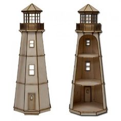 two different types of lighthouses on white background with one light brown and the other beige