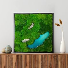 an aerial view of a lake surrounded by lush green grass and rocks, framed in black frame