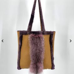 Light Brown / Lavander Sheepskin Tote Bag With Fur Stripe Rectangular Sheepskin Bags, Brown Bag With Faux Fur Lining For Shopping, Brown Shopping Bag With Faux Fur Lining, Winter Sheepskin Rectangular Bag, Winter Rectangular Sheepskin Bags, Brown Rectangular Bag With Faux Fur Lining, Brown Sheepskin Bags For Winter, Everyday Use Brown Sheepskin Bag, Brown Sheepskin Shoulder Bag For Everyday Use