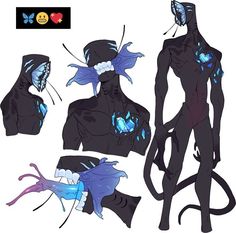 the concept art for an animated character is shown in black and blue colors, with different angles