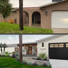 before and after photos of a house with palm trees