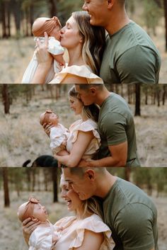 a man and woman are holding a baby in their arms while the other is kissing