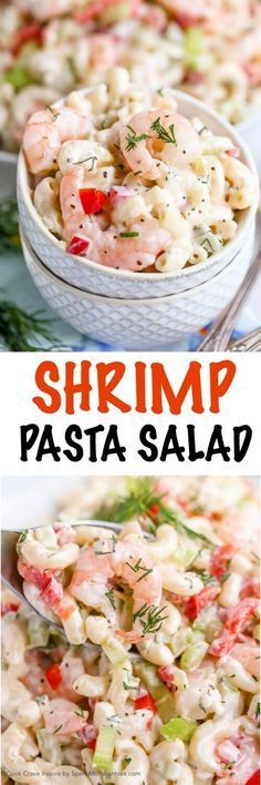 pasta salad with shrimp and tomatoes in a white bowl