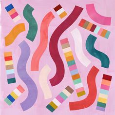 an abstract painting with multicolored lines on a pink background