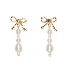 The Festoon Pearl drop earrings are ready to add romance to any outfit, and feature stacked freshwater pearls dangling from bow studs that were hand sculpted in wax before being cast into solid metal. The bow is a classic and feminine motif that has been a staple of jewelry design for centuries. When something is adorned with bows, it can be said that it is “festooned,” an unabashedly cheery word that calls to mind celebrations, gift giving, and decoration for no purpose other than because it ma Formal Pearl Earrings With Bow Detail, Formal Pearl Earrings With Bow, Elegant Bow Pearl Earrings, Wedding Pearl Drop Earrings With Bow, Formal Bow Drop Pearl Earrings, Formal Pearl Drop Earrings With Bow, White Bow Pearl Drop Earrings, White Bow Drop Earrings, Pearl Earrings Designs