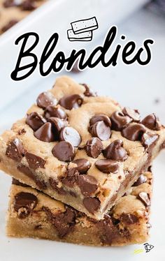 two chocolate chip blondies stacked on top of each other with the title overlay