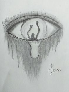 a pencil drawing of a person reaching out from an eye with their hands in the air