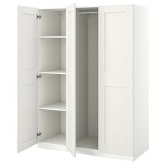 an open white cabinet with shelves and doors on both sides, isolated against a white background