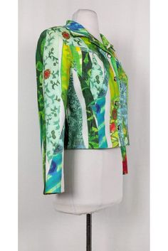 Add some playful flair to any look with this stunning jacket. Made in a vibrant neon hue with a fun abstract print that is one-of-a-kind. Round rhinestone encrusted buttons add a bit of shimmer to the garment. Size 8 Cotton, nylon, spandex blend Collar Round rhinestone buttons Padded shoulders Front pocket slits Long sleeve Abstract print Fully lined Bust 36" Waist 32" Shoulder to hem 19.25" Neon Green Jacket, Green Jacket, Neon Green, Abstract Print, Playsuit Jumpsuit, Jumpsuits For Women, Front Pocket, Neon, Collar